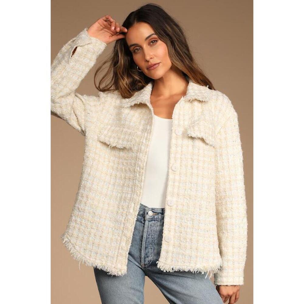 Lulus Take Notes Ivory Plaid Tweed Shacket White - Size M